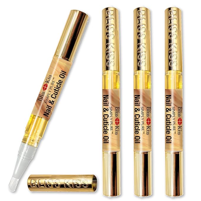Bliss Kiss | 4 Vanilla Fragrance Nail Oil Cuticle Pens w/Vitamin E & Jojoba⏤Nail Strengthener Nail Growth Serum for Brittle Peeling Breaking Thin Nails