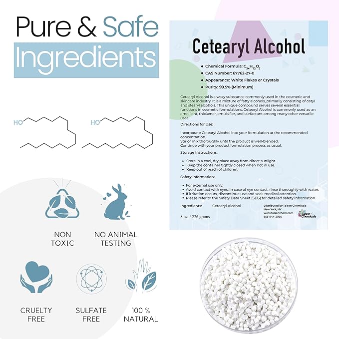 Cetearyl Alcohol Cosmetic Grade 8 Oz / 226 Grams - Cetearyl Alcohol Emulsifying Wax Organic for Body Butter, Cetearyl Alcohol Suitable for Making Conditioners, Scrubs and Creams by Talsen Chemicals