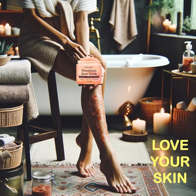 Himalayan Salt Body Scrub 12 oz - with Collagen and Stem Cells - Exfoliating Salt Scrub for Cellulite - Deep Cleansing for Acne, Scars, Wrinkles - Moisturizes Skin