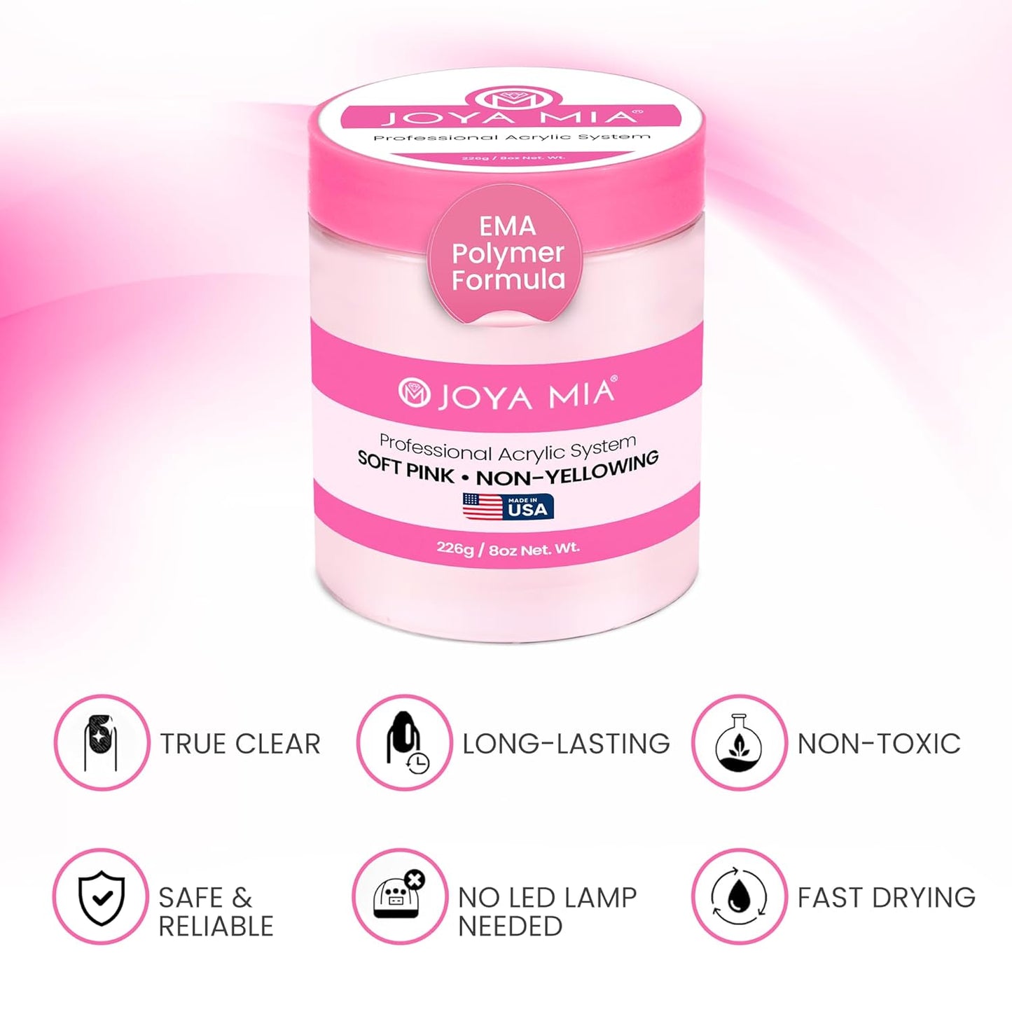 Joya Mia Acrylic Powder for Nails, MMA-Free, Super Adhesion Professional Powder for Flawless & Long-Lasting Nail Enhancements, Easy Application, Vibrant & Stunning Colors - Soft Pink, 8 oz