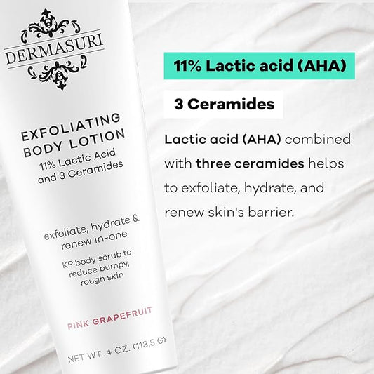 Dermasuri Exfoliating Body Lotion - Grapefruit KP Bump Eraser Body Scrub - Rough and Bumpy Textured Skin Lotion - Moisturizer for Dry Skin and Body - Hydrating Care Treatment, Travel Size - 4 Ounces