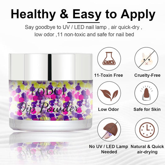 Dip Powder For Nails - Purple Pink Lime Green Hexagon Sequins - No Lamp Curing - Long Lasting Colors - Nail Art Starter Manicure DIY At Home - 1oz