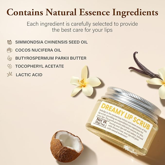 Vanilla Lip Scrub - Natural Sugar Exfoliator for Chapped Lips - 1.05 oz - Nourishing, Smooth & Soft Conditioning