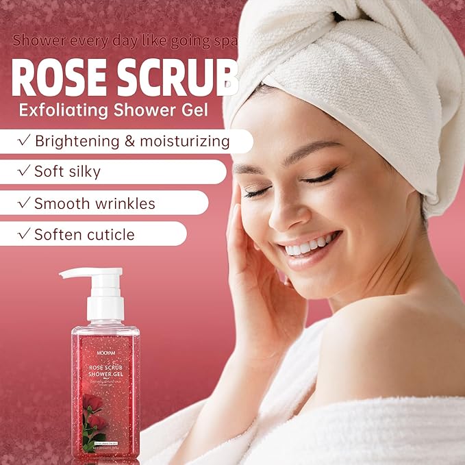 2-in-1 Body Wash & Body Scrub Rose (11.3fl.oz), Gentle Exfoliating Scrub for Deep Cleansing, Effective on Acne & Dead Skin, Brighten & Moisturize Skin Polishes