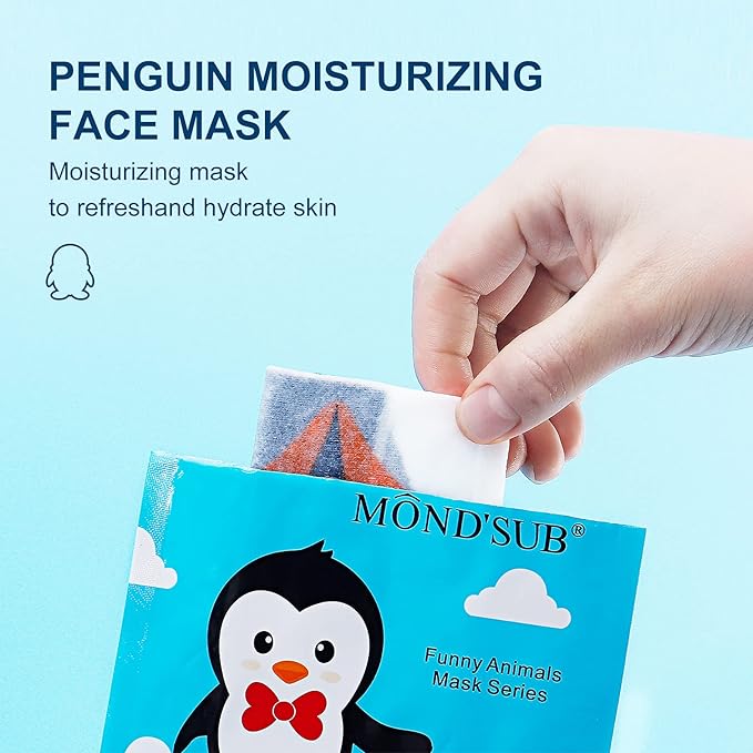 MOND'SUB Animal Spa Beauty Mask, Character Masks Sheet-(Pack of 5) Penguin Nourishing & Moisturizing Effects For All Skin Types- Birthday Party Gift for her, Girls Night, Spa Night, Beauty Gift
