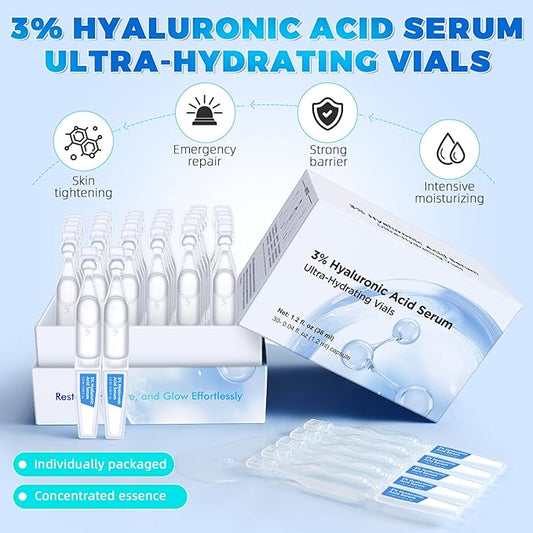3% Hyaluronic Acid Serum,Hyaluronic Acid Serum for Face,UltraHydrating Serum 3% Hyaluronic Acid Smoother Skin,Anti-Aging,Hyaluronic Acid Tubes Single-Use Vials Pre-makeup Skincare(1.2 ml*30)