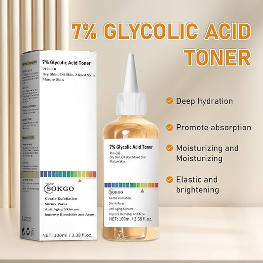 7% Glycolic Acid Exfoliating Toner, Exfoliating Facial Toner, Smooth Skin, Even Tone, Hydrating Formula, Pore Minimizer (Large, Unscented)