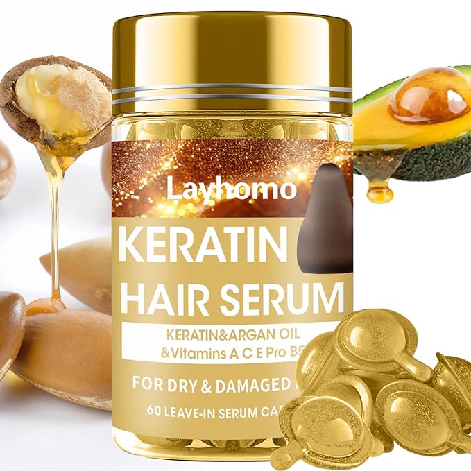 Keratin Hair Treatment Serum,60 Capsules Hair Treatment Oil for Dry Damaged Hair,Hair Oil with Keratin,Argan Oil-Leave-in Anti Frizz Conditioner with Vitamins A, C, E & B5- No Rinse for All Hair Types