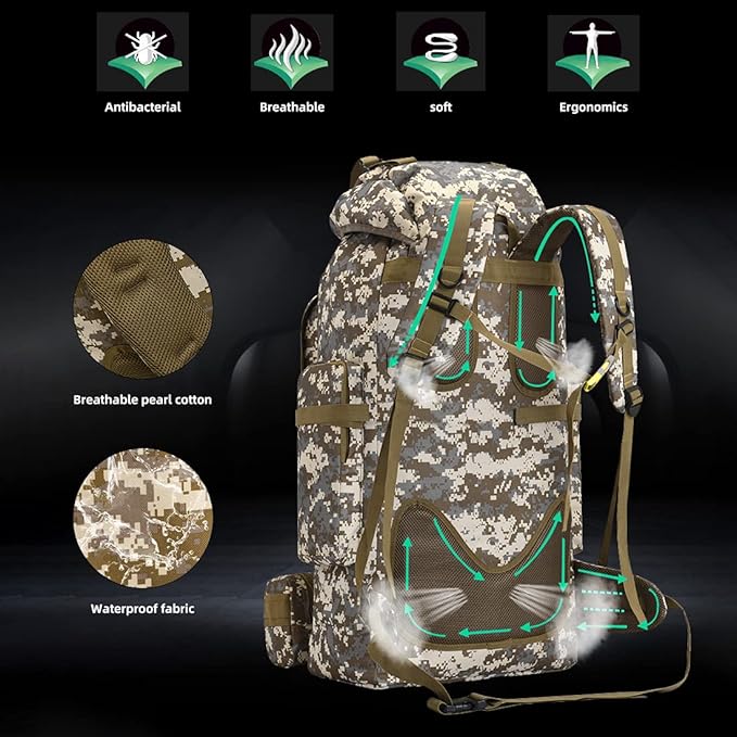 100L Camping Hiking Backpack,Molle military Tactical rucksack backpack,Waterproof Lightweight Hiking Backpack (Khaki-C)