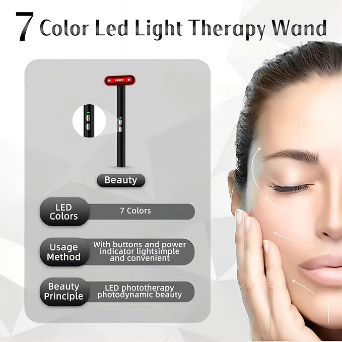 Led-Light-Therapy, 7 Color Face Skincare Wand with Facial Massager LED Face Skin Rejuvenation for Face & Neck & Eye Skincare Equipment Red Light Wand
