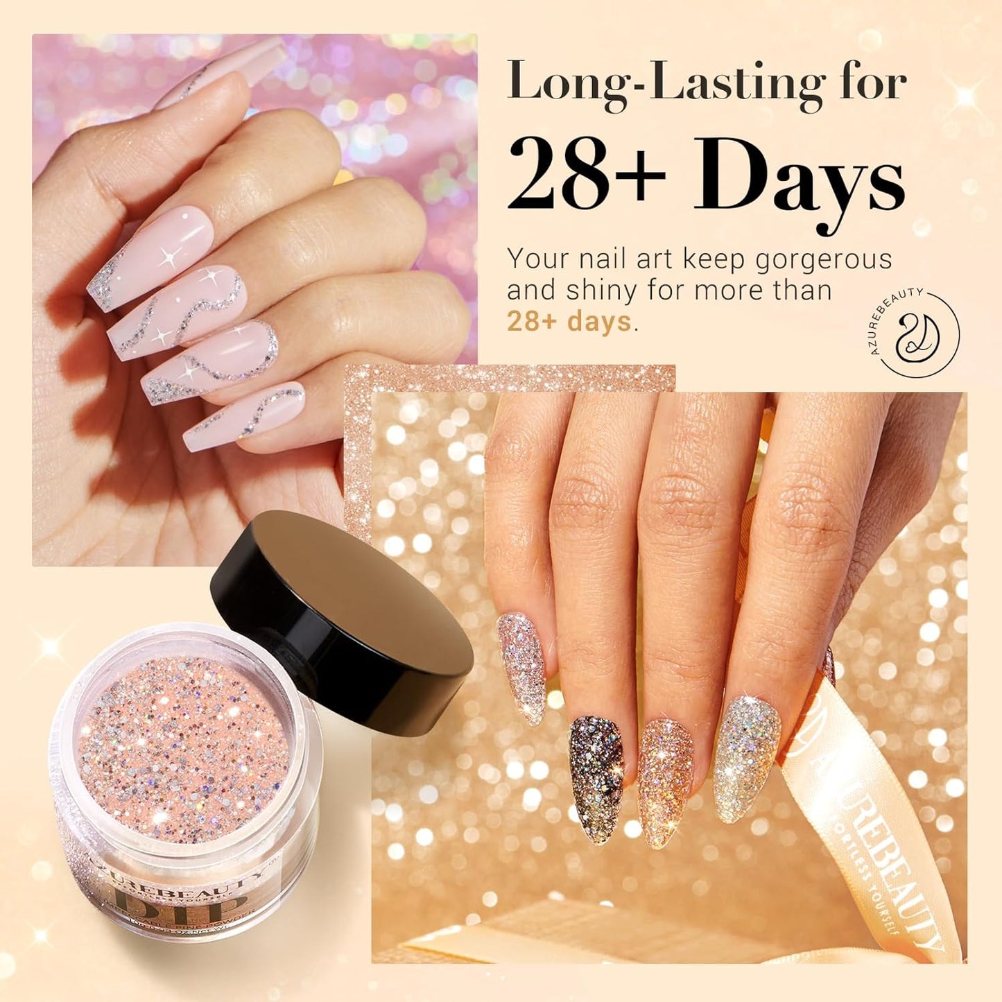 AZUREBEAUTY Dip Powder Nail Set, Silver Pink Black Golden Yellow Glitter Sparkly Shiny Chrome Platinum, 6 Colors All Seasons Dipping Powder Starter Kit Nail Art Manicure Salon, No Need Nail Lamp Cured