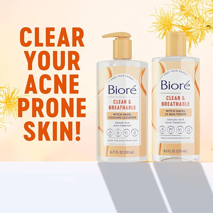 Bioré Clear & Breathable Cooling Cleanser with Witch Hazel, Acne Treatment for Face, Face Scrub for Oily Skin, Salicylic Acid Cleanser, 6.77 Oz