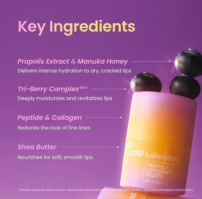 CNP Honey Lip Butter - Propolis Lipcerin™ 02 Berry, Hydrating Overnight Manuka Lip Balm & Mask, 12hrs Long-lasting Moisture, Gifts for Women, Korean Skin Care, 0.5 fl.oz.