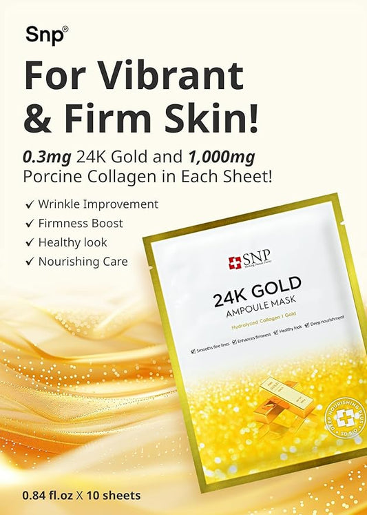 [K Beauty] 24K Gold Ampoule Sheet Mask | Collagen Face Masks Skincare | For Tightening, Hydrating, and Nourishing | Korean Skin Care | Overnight Face Masks | Moisturizing Sheet Mask | 10 Sheets