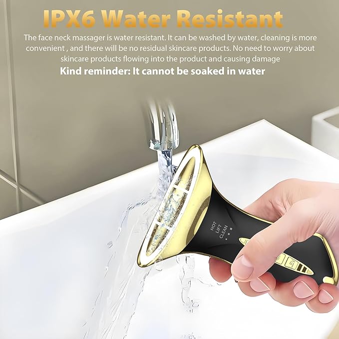 Neck and Face Sculptor with 7-in-1 Led for Skin Care,Water Resistant True Beauty Glow Facial Massager (Black-Gold)