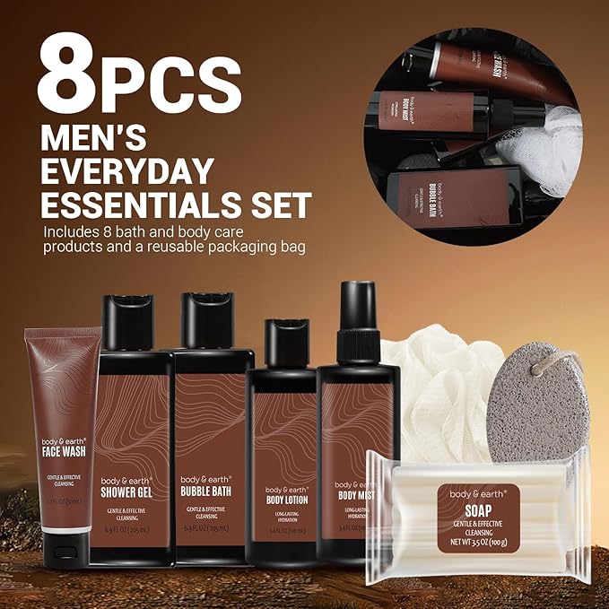 Body & Earth Bath and Body Wash Sets for Men - 8pcs Spa Baskets Mens Birthday Gifts Sandalwood, Self Care Kit, Husband Men Father's Day Gifts