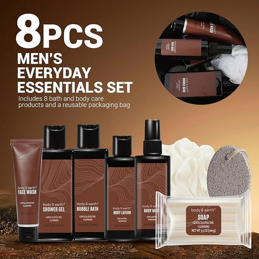 Body & Earth Bath and Body Wash Sets for Men - 8pcs Spa Baskets Mens Birthday Gifts Sandalwood, Self Care Kit, Husband Men Father's Day Gifts