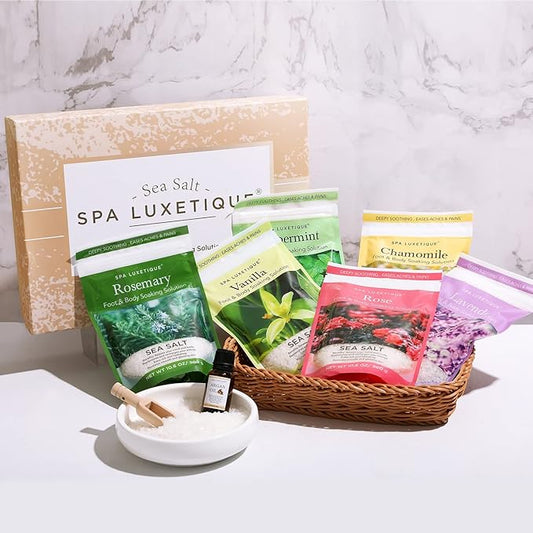 spa luxetique Bath Salts Gift Set 6-Pack, Foot and Body Sea Salts for Soaking, Wooden Scooper, 0.5oz Argan Oil, Bath Salts for Women Relaxing, Mother's Day Gifts for Mom