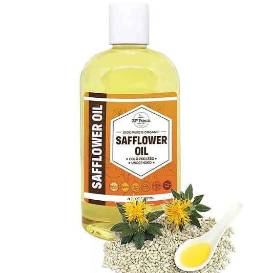 ORGANIC SAFFLOWER OIL (8 oz) Premium Cold Pressed Unrefined | 100% Pure Safflower Oil for Skin, Face, Hair, Soap Making | Carrier for Essential Oils | Available in Bulk | 8 FL OZ