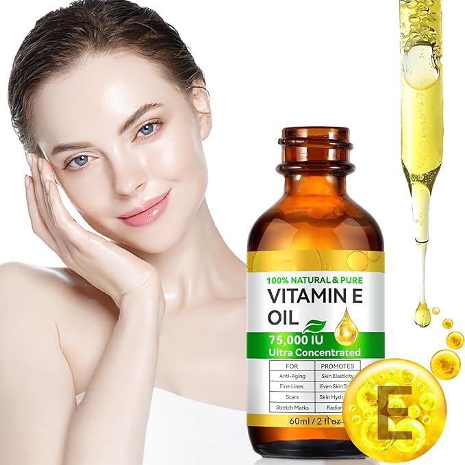 Vitamin E Oil 75,000 IU - Natural Moisturizing Oil for Skin, Face & Body - Organic Vitamin E Oil for Scars, Wrinkles & Stretch Marks - Deep Hydration 2 Fl Oz