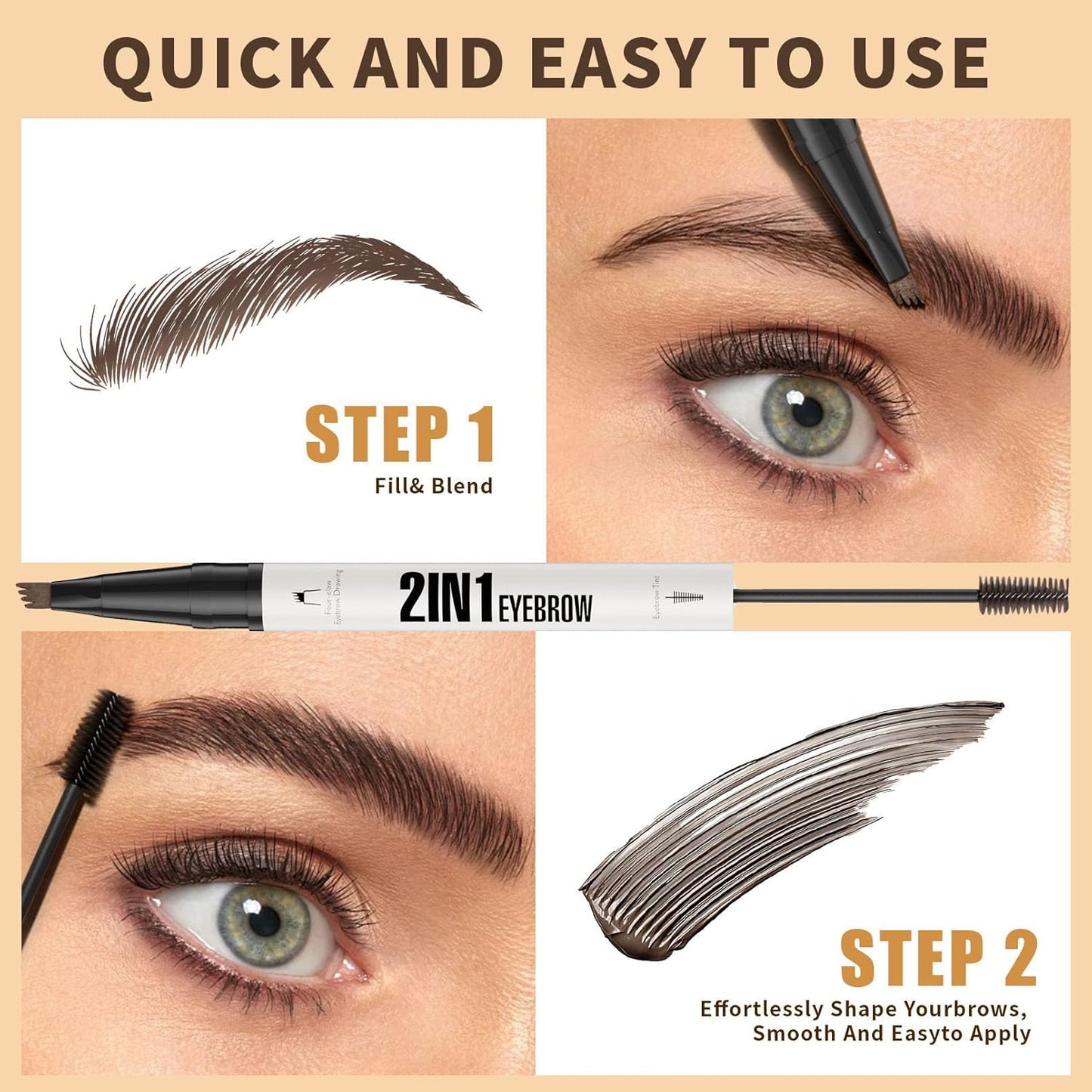 4-Fork Tip Microblading Eyebrow Pen - 2-in-1 Waterproof Eyebrow Pencil, Long-Lasting Natural Hair-Like Brows, Smudge-Proof & Easy to Use (With Tint 03#Dark Brown)