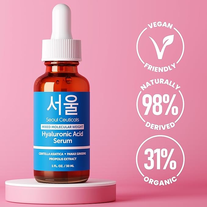 SeoulCeuticals Korean Hyaluronic Acid Serum For Face - High Molecular Weight & Low Molecular Weight Hyaluronic Acid - Centella Serum + Propolis. 1oz
