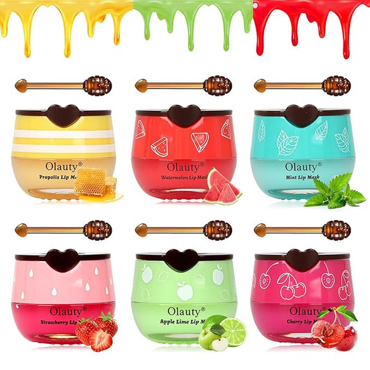 6 PCS Bee Lip Balm Honey Pot, Fruity Lip Sleeping Mask,Hydrating Prevention Dry and Cracked Lip Scrubs Exfoliator Lip Care,Moisturizing Lip Mask Overnight Reduces Lip Lines