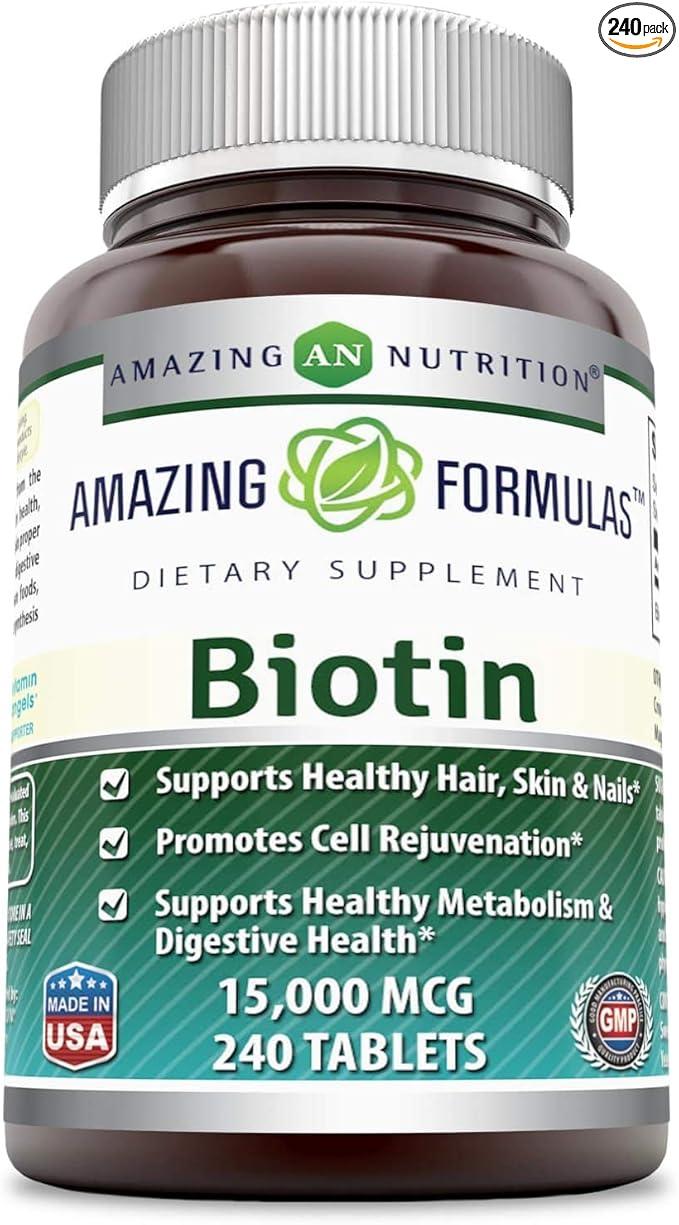 Amazing Formulas Biotin 15000 mcg - Supports Healthy Hair, Skin & Nails - Promotes Cell Rejuvenation - Supports Healthy Metabolism & Digestive Health (240 Tablets) (Non GMO-Gluten Free)
