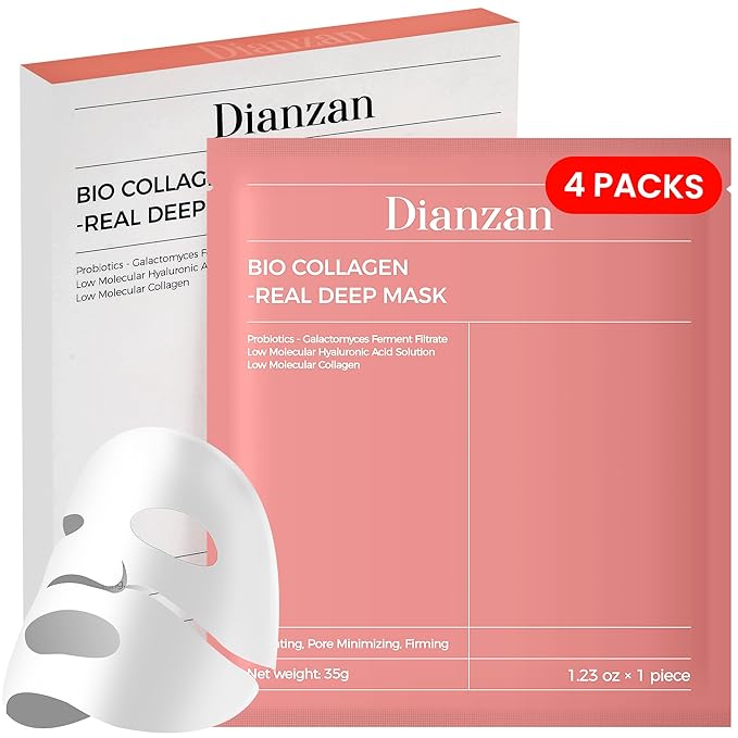 Dianzan Bio-Collagen Real Deep Mask,Overnight Hydrating Face Mask with Hyaluronic Acid & Collagen, Korean Formula for Dry, Sensitive Skin - Tightens Pores, Firms Skin, Reduces Fine Lines,35g x 4ea