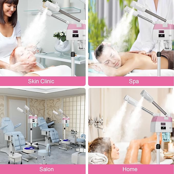Professional Facial Steamer,2 in 1 Facial Steamers with Hot&Cool Mist, Height Adjustable Face Steamer, Pink Esthetician Steamer for Home Salon Spa