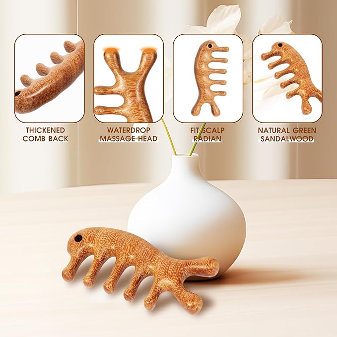 Scalp Massage Hair Comb - Green Sandalwood Wide Tooth Massager for Body Relief - Natural Wooden Comb for Women and Men