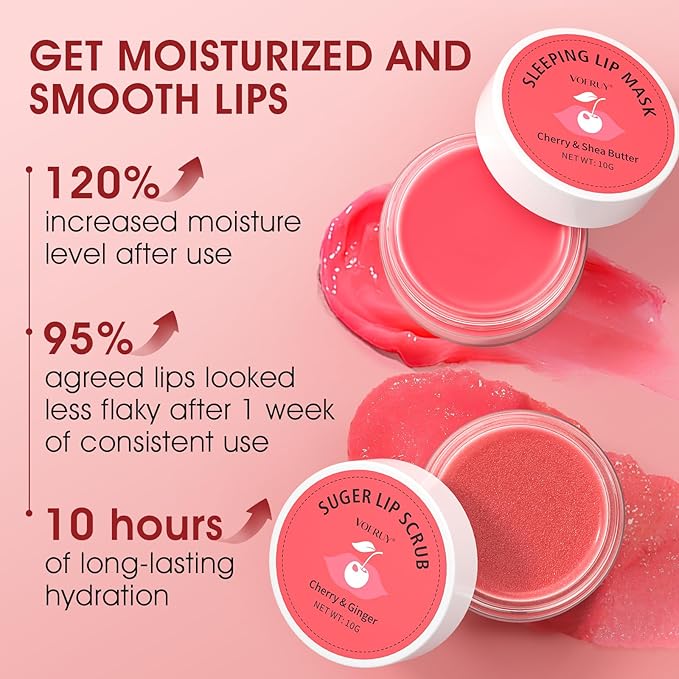 Lip Scrub & Lip Mask Set, Cherry Lip Exfoliator Scrub, Christmas Gifts Stocking Stuffers Gift for Women, Overnight Suger Lip Treatment, Repair Dry Cracked Lips - with Lip Brush (10g*2)