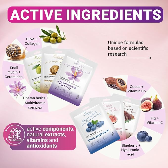 24 Pack of Sheet Face Masks Skincare - Collagen Face Mask Sheets with Hyaluronic Acid, Vitamin C, Snail Mucin - Facial Sheet Mask for Hydrating, Rejuvenating, Moisturizing