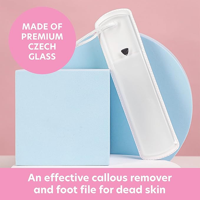 Bona Fide Beauty Czech Glass Foot File with Protective Sleeve, Dual-Sided High Grit Foot Rasp, Foot Scraper with Cord in Clear Color