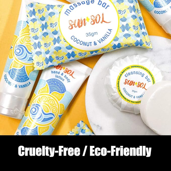 Sun + Sol Bulk Luxurious Hand & Body Lotion With Warm Coconut & Vanilla Fragrances, Travel Size Toiletries, Mini Hotel Amenities, 0.7 oz, 300 Count