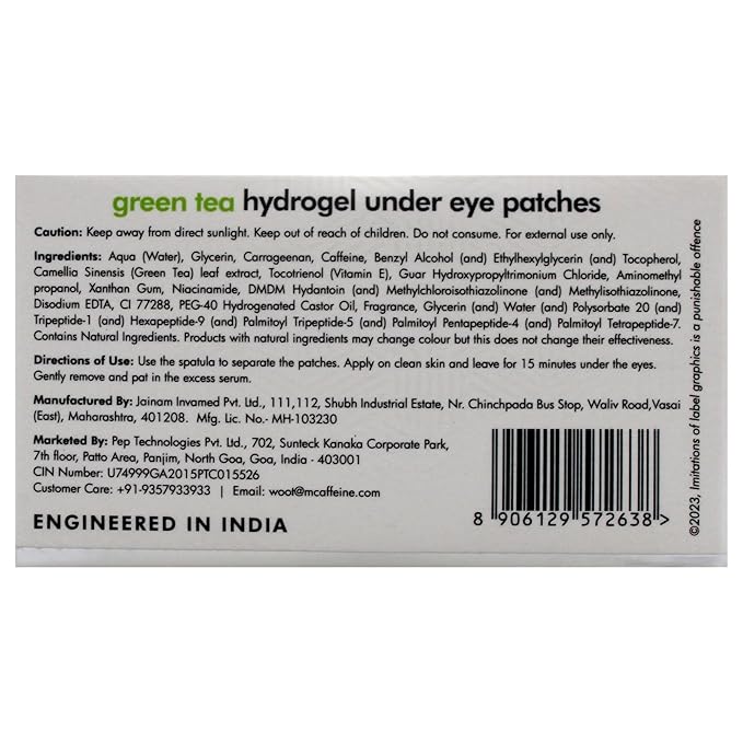 mCaffeine Green Tea Hydrogel Under Eye Patches for Dark Circle, Fine Lines & Wrinkles Reduction | Cooling Under Eye Patch Mask for Instant De-Puffing | 30 Pairs