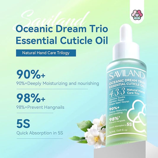 SAVILAND Cuticle Oil Triple Essential: 50ml Vitamin E & C Jasmine Gentian Grapeseed Nail Growth Oil Ultra Repair Nourish Soothe Cuticle Oil For Nails Plant-based Strengthener For Weak Nail