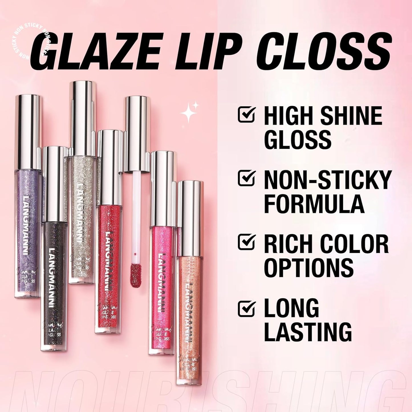 LANGMANNI 2 Colors Diamond Glitter Lip Gloss Set,Long Lasting High Shine Shimmer Liquid Lipstick Set,Hydrating,Moisturizing Lip Gloss Kit Gift Makeup For Girls(#09+10)