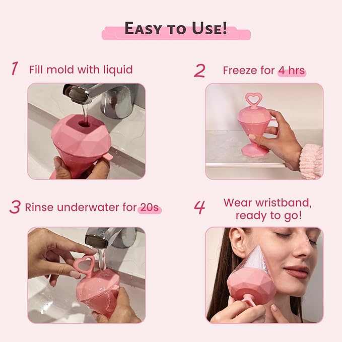 Rena Chris Ice Roller for Face: Diamond Ice Facial Roller, Reach Detailed Areas, De-Puff Eye Bags, Reusable Silicone Massage Ice Mold with Face Wash Wristband, Skin Care Tools for Women(Pink)