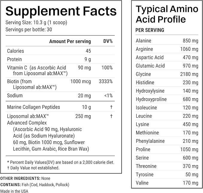 Advanced Marine Collagen Powder Plus Liposomal Vitamin C, Hyaluronic Acid & Biotin, Sugar-Free Type I Collagen Supplement for Skin, Hair, Nails, Joint & Gut Health - 30 Servings, Unflavored