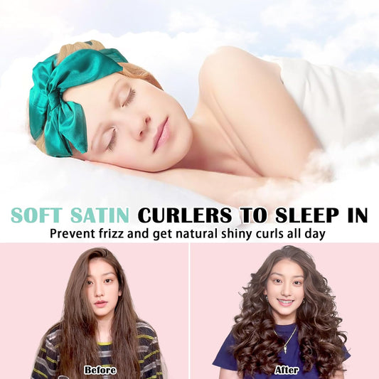 Satin Heatless Curls Overnight Hair Curlers to Sleep In Hair Curler Rollers No Heat Hair Wrap for Curls Headband, 70" Satin Heatless Curling Rod Set for Women Long Waves Hair Volume -Green 9PCS