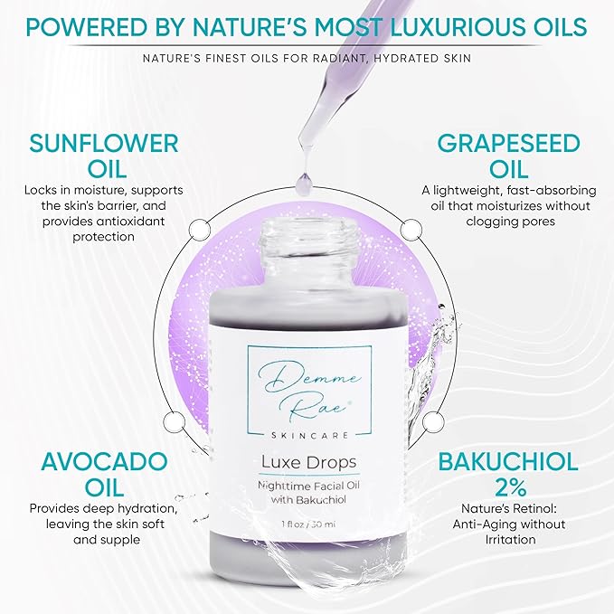 Luxe Drops Nighttime Facial Oil for Dry Skin with Bakuchiol Retinol Alternative, Face Oil for Women Anti Aging, Lightweight, Moisturizing Face Care for Dry Skin