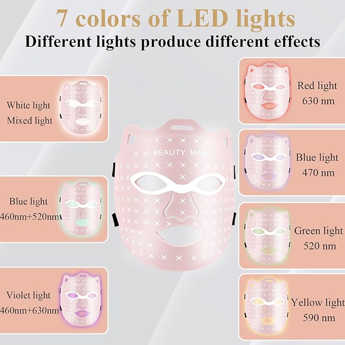 Red Light Therapy For Face,Led Face Mask Light Therapy, 7 Color Red Light Therapy Mask, Rechargeable,Portable,Household Led Face Mask (Pink)