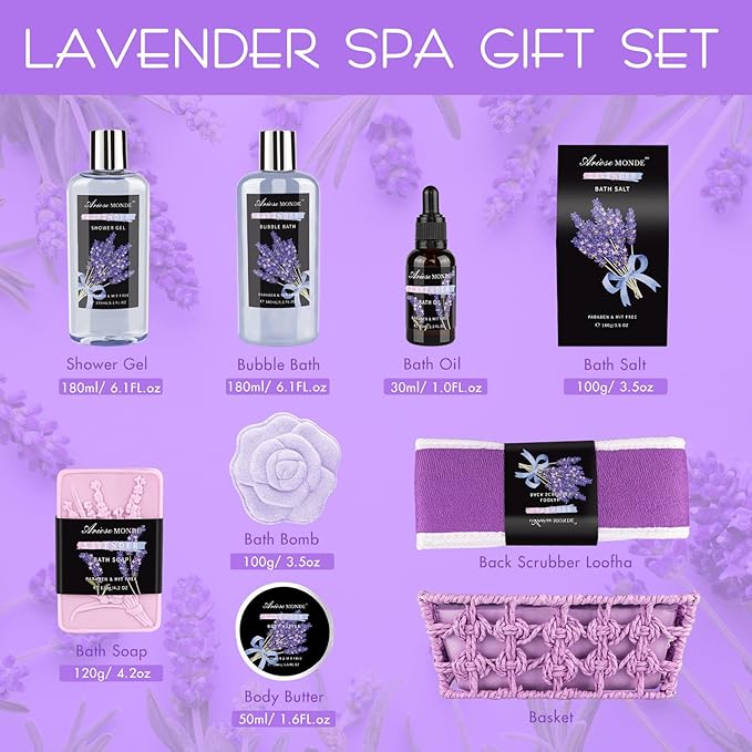 Spa Gift Basket Set, Lavender Home Spa Gift for Women With Shower Gel, Bubble Bath, Body Butter, Bath Salt, Bomb, Oil, Soap - Gift Idea for Mother, Girlfriend, Wife