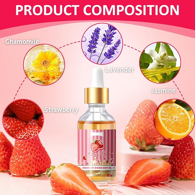 Strawberry Body Oil - Body Oils for Women - Sweet Scented Body Oil After Shower - Hydrating, Firming, Nourishing Body Moisturizer for All Skin Types - Organic Essential Oils for Skin