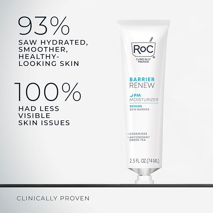 RoC Barrier Renew Night Moisturizer with Ceramides & Antioxidant Green Tea and Lipo Peptides to Renew Skin Barrier, (2.5 oz) with Retinol Eye Cream Packette
