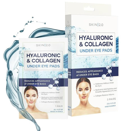 Hyaluronic Acid and Collagen Under Eye Patches - Anti-aging, Reduces Eye Bags & Wrinkles, Firming & Hydrating Eye Pads - Cruelty Free Korean Skin Care - All Skin Types - 5 Pairs