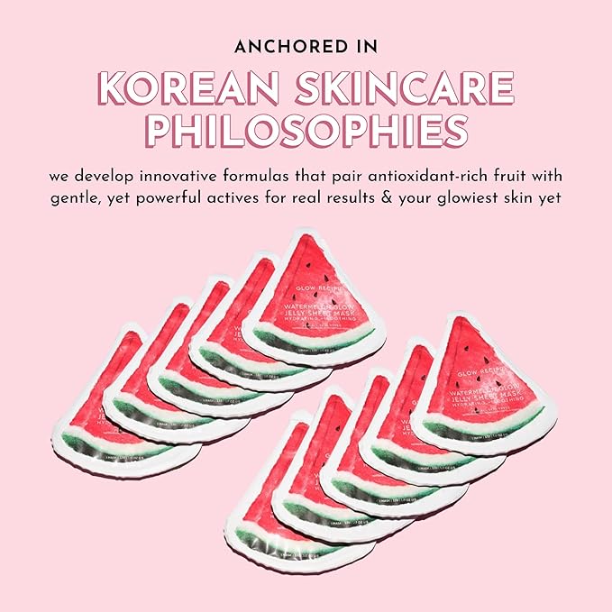 Glow Recipe Watermelon Glow Jelly Sheet Mask Bundle (3 Count) - Disposable Hydrogel Face Mask with Centella Asiatica & Hyaluronic Acid - Skin-Cooling Serum to Soothe & Replenish Dehydrated Skin