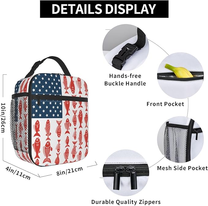 American Flag Fish Lunch Bag Insulated Reusable Lunch Box Thermal Cooler Tote For Men Women Work Travel Picnic Hiking