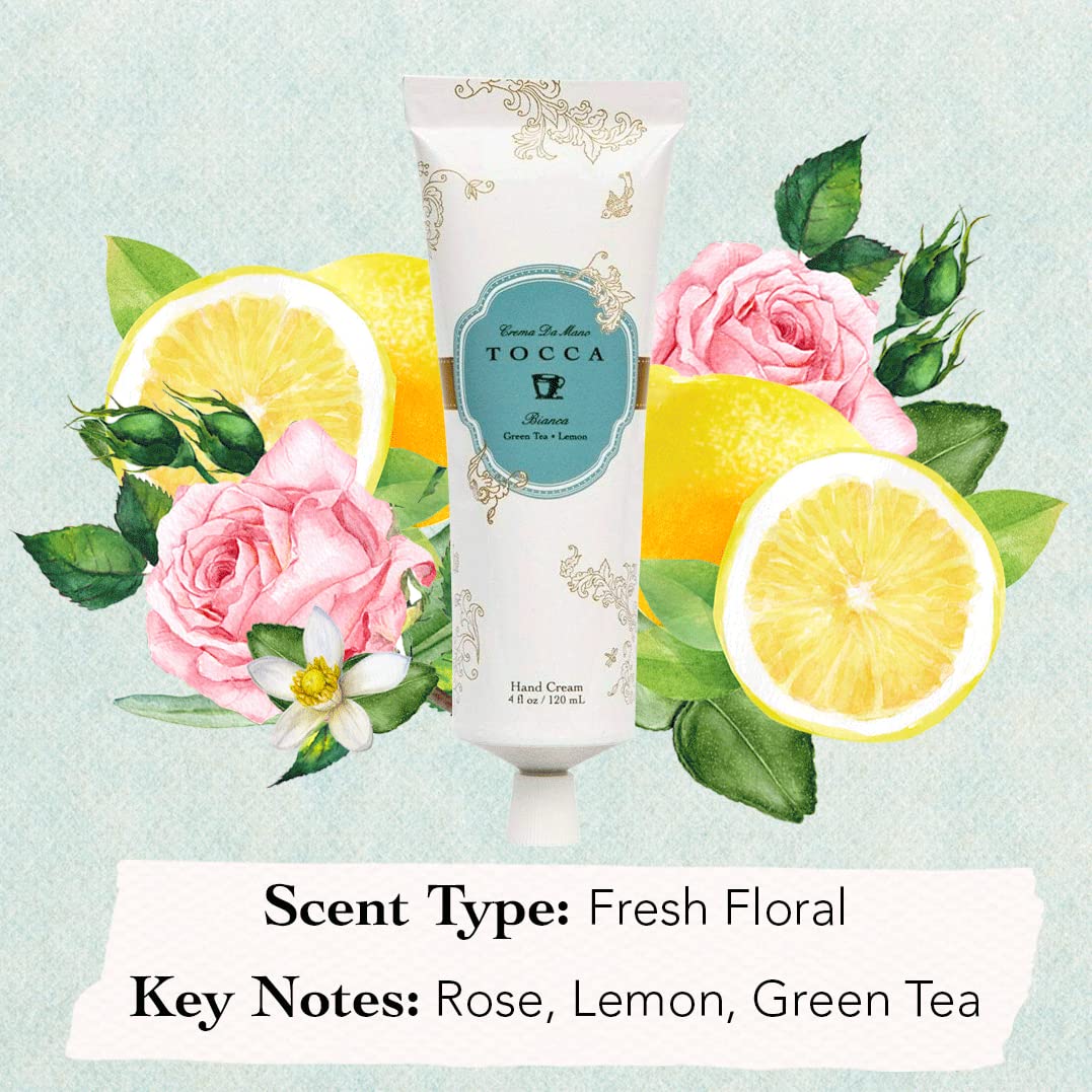 Tocca Bianca Hand Cream, 4 oz - Rose, Lemon, Green Tea - Moisturizing, Quick Absorbing